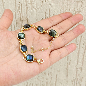 Hypoallergenic gold plated <b>bracelet</b> natural cabochon labradorite link chain <b>bracelet</b> multi cushion <b>gemstone</b> women brass <b>bracelet</b> - Product Image 4