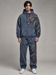 Ensemble de survêtement pour homme avec sweat à capuche graphique bleu délavé, en coton épais, style streetwear, vêtements personnalisés à marque privée - Product Image 5