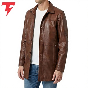 Abrigo de Cuero Genuino para Hombre, Cuello Mao, Cierre de Cremallera, Impermeable, Transpirable, Marrón, Corte Regular, con Capucha - Product Image 4