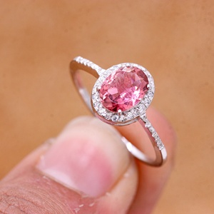 Anillo de Plata de Ley 925 al por Mayor con Turmalina Rosa Ovalada Natural y Circonita Cúbica, Joyas Memoria - Product Image 6