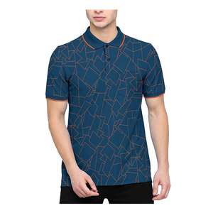 Men's Geometric Pattern <b>Polo</b> Shirt Short Sleeve Knitted Breathable Casual Design Blue with <b>Orange</b> Trim - Product Image 1