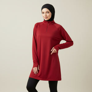 Top Largo con Media Cremallera para Mujeres Musulmanas Modestas, Tallas Grandes, Ropa Deportiva Elegante para Yoga y Fitness, Cómoda, Transpirable, UPF50+, Uso Diario - Product Image 1