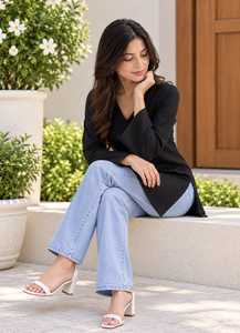 Blusa Étnica Negra de Manga Larga con Cuello en V para Mujer, Corte Holgado, Algodón, Estilo Informal, Estilo India Pakistán, para Todas las Temporadas - Product Image 6