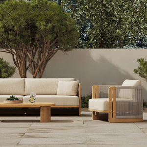 Juego de Sofás de Madera de Teca Premium para Exteriores con Cojines Color Crema, Sillones con Detalles de Cuerda y Mesa de Centro para Proyectos de Hoteles, Resorts y Villas - Product Image 3