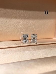 <b>Emerald</b> and Oval Cut Lab Grown Diamond Two Stone <b>Stud</b> Earrings 14K White Gold Stacked Multi Cut Earrings - Product Image 6