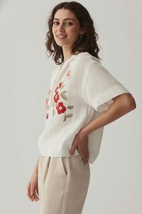 Women Cream Cotton Embroidered <b>Tops</b> | Floral Thread Work Short Sleeve Shirt Casual Summer Wear for Office & Daily Use - Product Image 4
