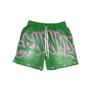 Women 420 GSM Cotton Fleece Acid Wash Shorts <b>Red</b> <b>Spray</b> <b>Paint</b> Graphic Puff Print Rhinestone Custom Logo women's shorts - Product Image 2