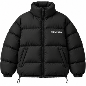 <b>Black</b> Custom <b>Men</b>’s Puffer Jacket Winter Warm Quilted Down Jacket Premium Stand Collar Full Zip Oversized Embroidered Jacket - Product Image 1