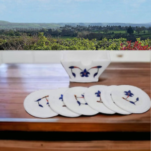 Export Quality 6 Piece White Marbal <b>Coaster</b> <b>Set</b> Stone White & Blue - Product Image 3