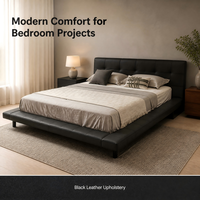 Lit plateforme moderne de luxe en cuir Nappa noir, tête de lit capitonnée, mousse à haute résilience, support à lattes en acier pour chambre à coucher