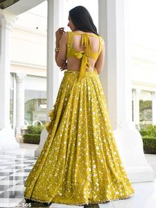 Conjunto de lehenga de georgette para fiesta con bordado floral de hilo y lentejuelas y borde colgante en forma de A, color oliva-mustarda, moda femenina. - Product Image 5