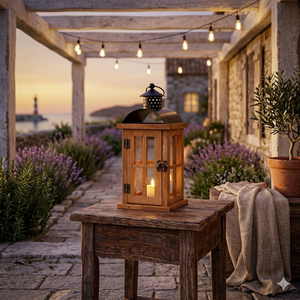 Wholesale Decorative Vintage Wood Candle <b>Lantern</b> with <b>Black</b> Metal Top and Embossed Glass Inserts for Home Outdoor Decor - Product Image 2