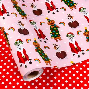 Rotolo di Carta da Regalo Natalizia con Cani Rosa, Decorazioni Natalizie con Cani Carini, Carta da Regalo Reversibile a Pois Rossi e Arcobaleno - Product Image 1