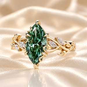 Bague en or massif 10K 14K 18K avec 2 diamants de laboratoire fantaisie verts taille marquise, motif feuille inspiré de la nature, bijoux fins - Product Image 1