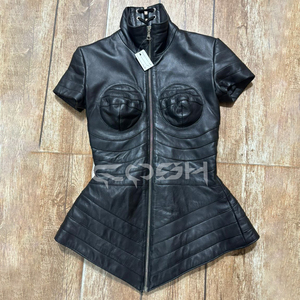 Luxury Premium Black <b>Leather</b> Gothic <b>Corset</b> Jacket For Women | High Neck Zip Front Structured Avant Garde Fashion <b>Top</b> - Product Image 2