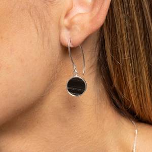 Black Obsidian Drop <b>Earrings</b> 925 Sterling Silver Long Circle Design Trendy Minimalist Wedding & Party Jewelry Women/Unisex - Product Image 2