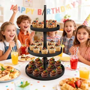 Support à cupcakes rond fait main en métal, tour à cupcakes à 3 niveaux, plateau à étages noir, support à desserts avec poignée pour fête - Product Image 4