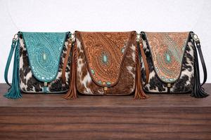 Wholesale Hand Tooled Carving Leather <b>Fringe</b> Handbag Cowhide Fur Gypsy Boho Vintage Handmade Shoulder Cross Body Stylish Bags - Product Image 4