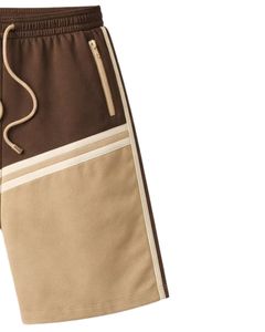 Brown And Khaki Color Block Mens Drawstring Shorts Zipper Pocket Casual Summer Beach <b>Athletic</b> Quick Dry Comfortable Shorts - Product Image 3