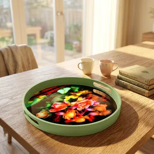 Plateau décoratif rond en MDF modèle KAMRAN 5060 avec motif floral, bord vert, poignée, design contemporain, emballage en une seule pièce - Product Image 1