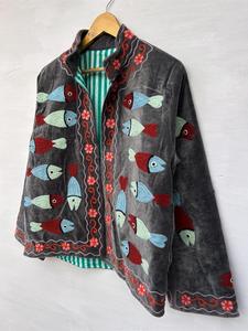 Ethnic Grey <b>Velvet</b> Embroidered Suzani <b>Jacket</b> with Fish Pattern Full Sleeve Stand Collar Handmade Bohemian Winter Coat - Product Image 4