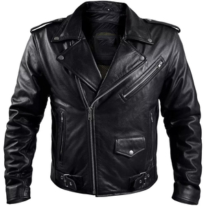 Men's Black Cowhide Leather Motorcycle Jacket Slim Fit Turn-down Collar Zipper Closure Regular Sleeve Autumn Wear - Product Image 3