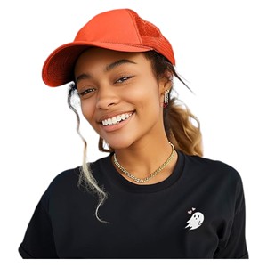 Casquette Trucker en Maille Orange, Design 6 Panneaux, Ajustement Réglable, Unisexe, Décontractée, Printemps-Été, Utilisation Quatre Saisons, Panneau Avant Brodé, 100% Coton - Product Image 1