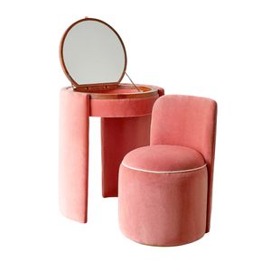 Coiffeuse rose velours avec miroir, table de toilette ronde rembourrée et chaises, ensemble couleur personnalisée, fournisseur de luxe moderne en bois de chêne - Product Image 1
