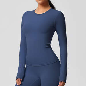 Camiseta de Manga Larga con Logotipo Personalizado, Cuello Redondo, Top de Yoga, Ropa Deportiva para Gimnasio, Sensación Ligera, Corte Ajustado, Alta Elasticidad, Ropa Deportiva para Correr - Product Image 4