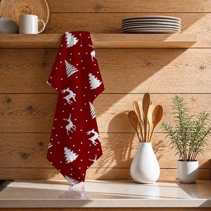 Serviette de cuisine de couleur rouge avec un magnifique motif imprimé pour Noël, avec taille et logo personnalisés à un prix abordable. - Product Image 1