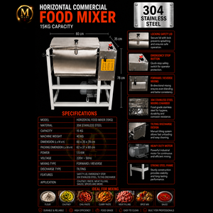 Mezcladora Comercial Horizontal de Alta Resistencia, Capacidad de 15 kg, Mezcladora de Cinta de Acero Inoxidable, Motor de 1.5 kW para Polvo y Pasta - Product Image 6
