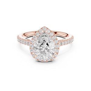 Bague de fiançailles élégante en acier inoxydable Art Déco avec halo de pierres, moissanite taille poire et pierres latérales, finition or rose pour femme - Product Image 1