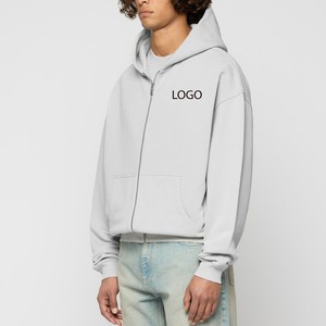 <b>Light</b> Grey Full Zip Hoodies 450 GSM Cotton Fleece Heavyweight Oversized Boxy Fit Men Drop Shoulder Custom Logo Zipper up Hoodie - Product Image 2