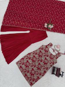 Designer Maroon Embroidered Kurti with Pleated Sharara and Heavy Embroidered Dupatta Ethnic Party Wear Sharara Suit Set - Product Image 5