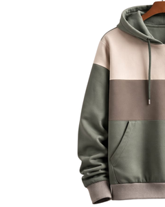 Sudadera con capucha para hombre en bloques de color verde salvia y beige, de algodón y forro polar, estilo casual, fabricante personalizado, proveedor mayorista de ropa. - Product Image 3