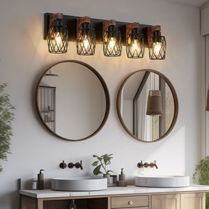 Applique da Parete Industriale Vintage a 5 Luci da 31 Pollici, Nera con Gabbia e Dettagli in Legno, per Illuminazione Bagno, Corridoio, Soggiorno - Product Image 4