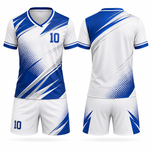 Ensemble d'uniformes de football personnalisés sublimés unisexe bleu et blanc, maillot et short de football pour équipe, taille élastique, polyester/coton respirant - Product Image 1