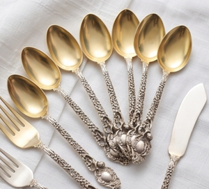 Vintage <b>Gold</b> Plated Tea Spoons With Ornate Silver Handles <b>Long</b> Handle Flatware Cutlery Set <b>Mirror</b> Polish Durable Design - Product Image 4