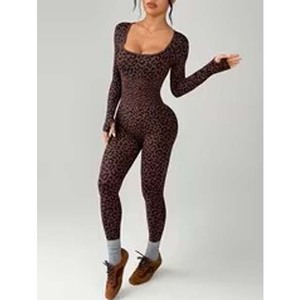 Custom Women Leopard Print Fitness Bodysuit Yoga Wear Women's Clothing European and American Style Slim Fit Zipper - Product Image 4