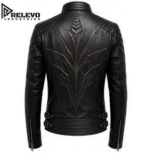<b>Men</b> Vintage Brown Motorcycle <b>Leather</b> <b>Jacket</b> with Stand Up Snap Collar, Quilted Shoulder Panels, Zipper Chest Pocket & Tailored - Product Image 2