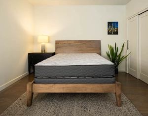 Midcentury Modern Upholstered Bed <b>Frame</b> Queen Size <b>Oak</b> Wood Fabric Headboard Soft Bed Platform Design - Product Image 4