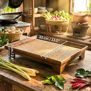 Bandeja de Servir Artesanal de Madera Dura con Base Elevada de Bambú Tejido para Té y Utensilios de Té, Cuadrada - Product Image 2