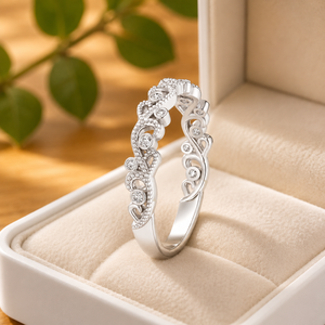 Anillo de media eternidad de moissanita para mujer, corte brillante redondo, banda floral con diamantes, chapado en oro blanco de 10K, anillo de boda para mujer - Product Image 5