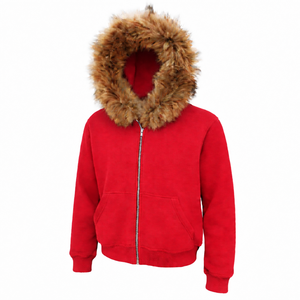 Sweats à capuche zippés en fausse fourrure rouge de qualité supérieure avec logo personnalisé imprimé DTG, vente en gros, faible MOQ, style streetwear hip-hop - Product Image 1