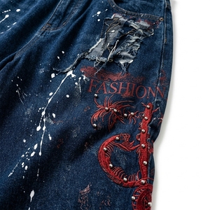 Vintage American Style Men's Denim <b>Pants</b> Diamond Studded High Street Printed Tie Dye Loose Fitting Wide Straight Jeans - Product Image 6