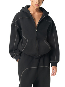 New Arrival Fashion Trend Black <b>Zip</b> <b>Hooded</b> Sweatshirt Contrast Stitching Thick Warm Fleece Fabric Comfortable Autumn Wear - Product Image 3