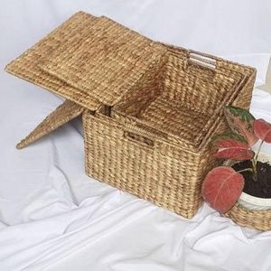 Boîte de rangement robuste en jacinthe d'eau tressée du Vietnam avec cadre métallique, couvercle ajusté et doublure pour placard - Product Image 2