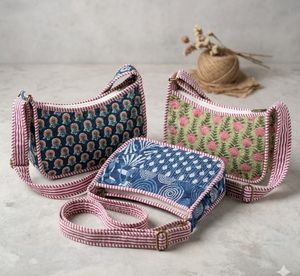 Assorted Premium Block Printed Floral Print Women Hand Bag <b>Quilted</b> Cotton Zipper Closure Pillow Shape Wholesale Gifting Purpose - Product Image 3