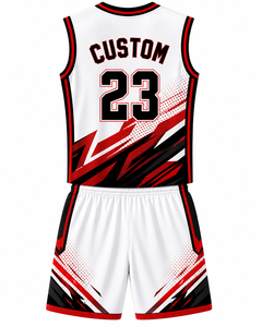 Camiseta y pantalones cortos de baloncesto Trendy Squad con gráficos abstractos de trazos de pincel en rojo, negro y blanco, perfectos para ropa deportiva de equipo - Product Image 2