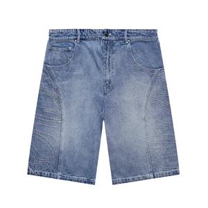 Pantalones cortos de mezclilla para hombre, con bordado personalizado, lavado a la piedra, de pierna ancha estilo globo, corte holgado y efecto descolorido por el sol - Product Image 5